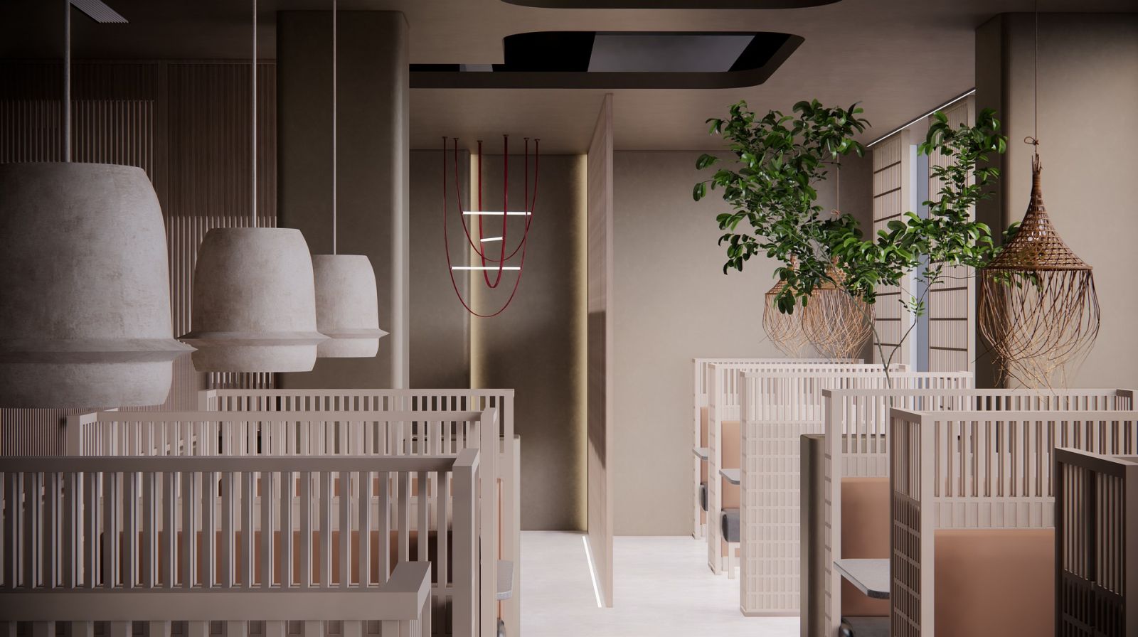 Ein stilvolles asiatisches Restaurant mit Schwerpunkt auf natürlichen Materialien ist ein Beispiel für ein sofort betriebsbereites Lokal mit exzellenter Innenausstattung.